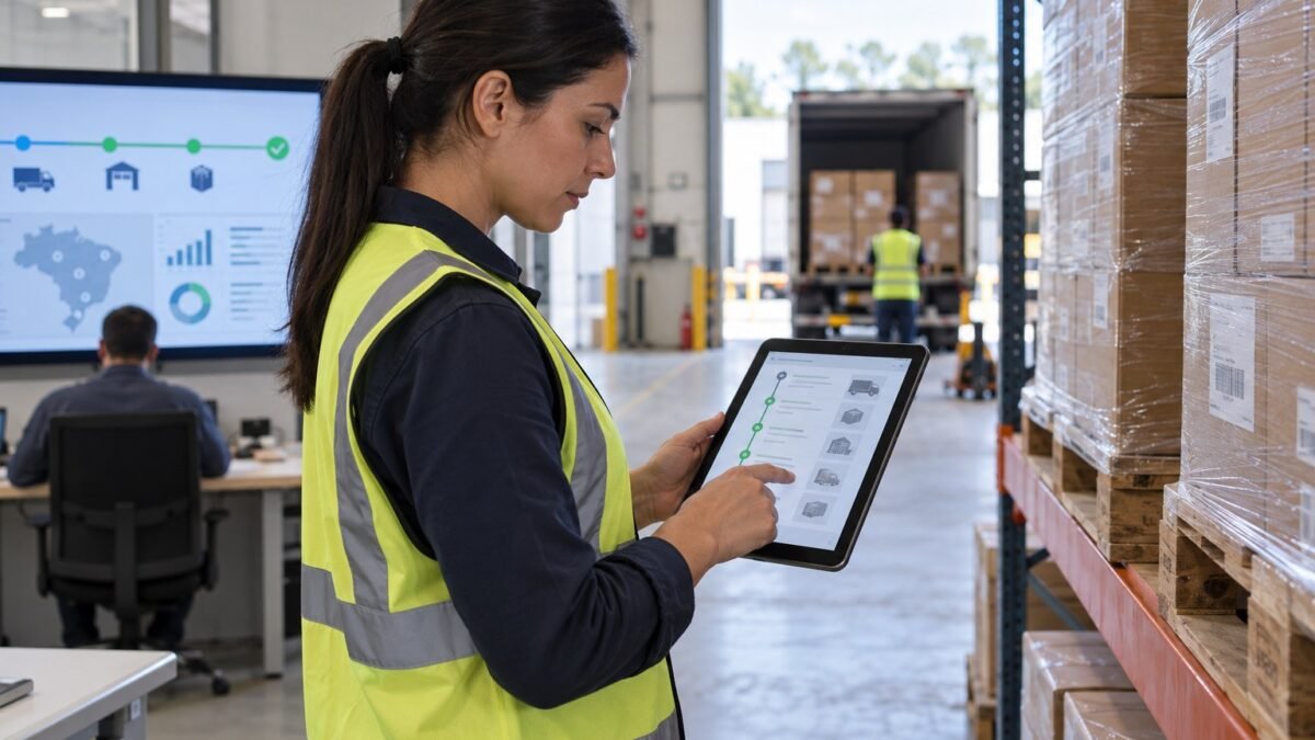 Cena ilustrativa de uma profissional consultando registros de cargas em um tablet no centro de distribuição.
