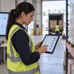 Cena ilustrativa de uma profissional consultando registros de cargas em um tablet no centro de distribuição.