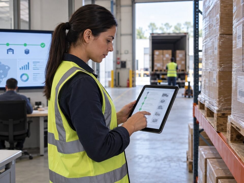 Cena ilustrativa de uma profissional consultando registros de cargas em um tablet no centro de distribuição.